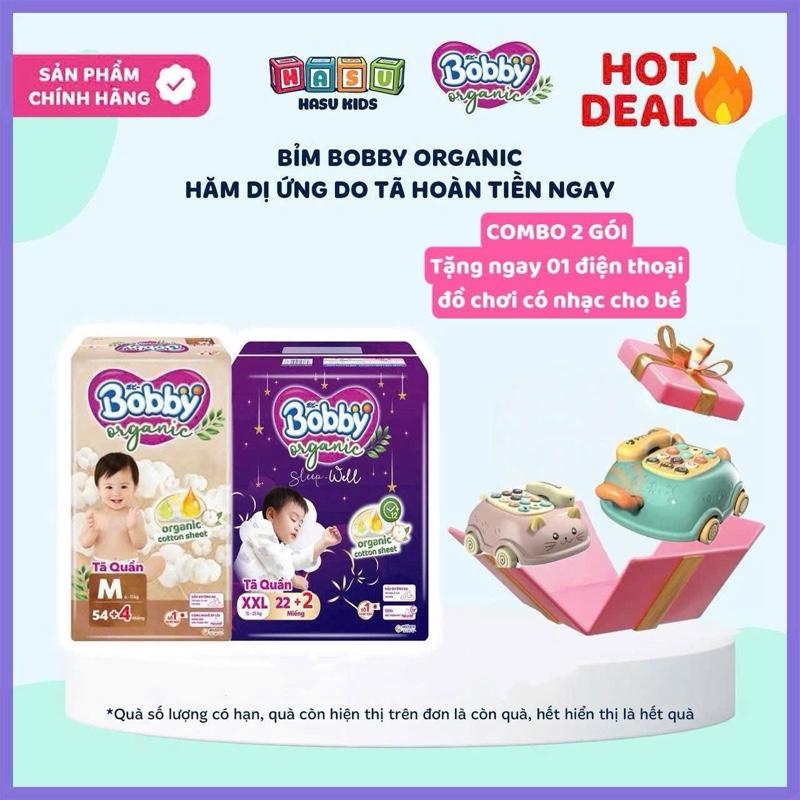 [TẶNG ĐIỆN THOẠI MÈO ĐỒ CHƠI CÓ 64 BÀI HÁT] COMBO 2 BỊCH Tã Quần Bobby Organic Ngày và Đêm, Tặng Thêm Miếng,Cotton Hữu Cơ,  Khí, Chống Tràn,Size M/L/XL/XXL/XXXL