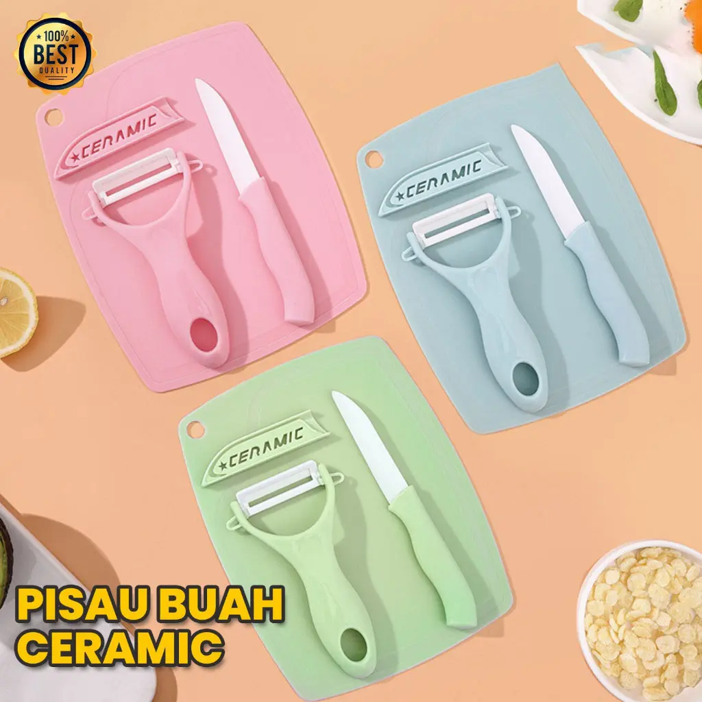【COD】Talenan 3 IN 1 / PISAU CERAMIC CHOP / PENGUPAS KULIT BUAH SAYUR Plastik Set