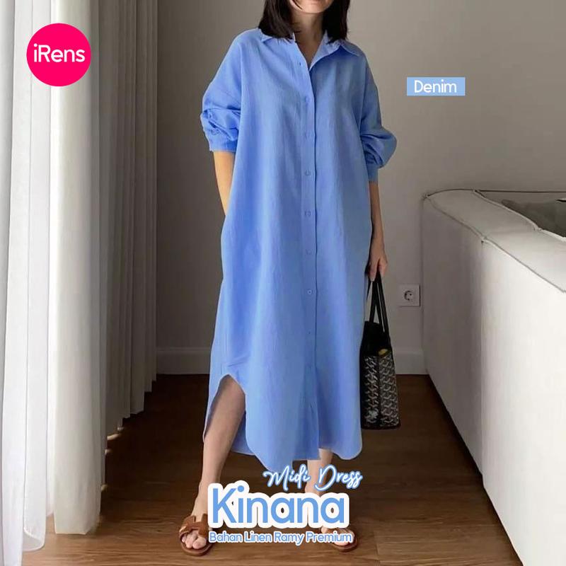 Baju Midi Kinana Korean Style Oversize LD130 Bahan Linen Rami Premium Warna Denim dan Latte 3