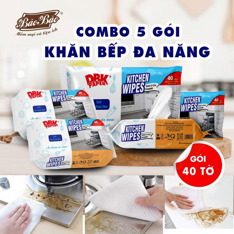 Bảo Bảo Combo 5 Gói Khăn Ướt Lau Bếp Đa Năng 40 Tờ 24*33 Thấm Hút Mạnh An Toàn Cho Da Nhạy Cảm Màu Xanh Biển