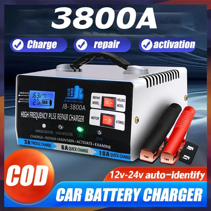Charger Aki Otomatis Smart Intelligent Auto Repair Mobil Motor Kapal Truck Portable 400W 12V/24V 3800AH/Car Battery Charger Pengisi Daya Aki Mobil 3800A 12/24V