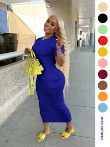 Vestido midi liso elástico para mujer 2026, de manga corta y corte entallado con falda larga, transpirable, casual para fiestas y viajes, moda verano
