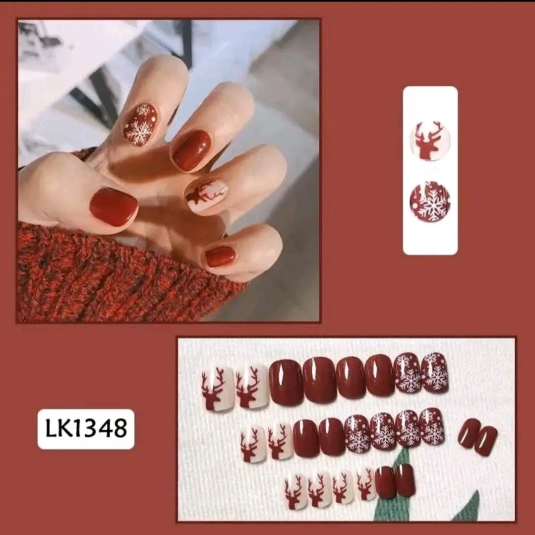 kuku palsu Rusa Salju Merah isi 24 Pcs free Lem Set Manikur Set Pedikur Polish Nail Art
