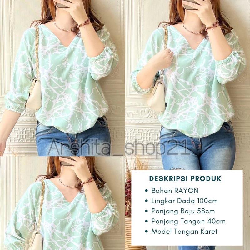 HANA [01] BLOUSE || [B01101] ATASAN WANITA TERLARIS BAHAN RAYON PREMIUM BLOUSE KEKINIAN LEHER V SIMPLE ELEGAN TANGAN 7/8 KARET MOTIF TERBARU