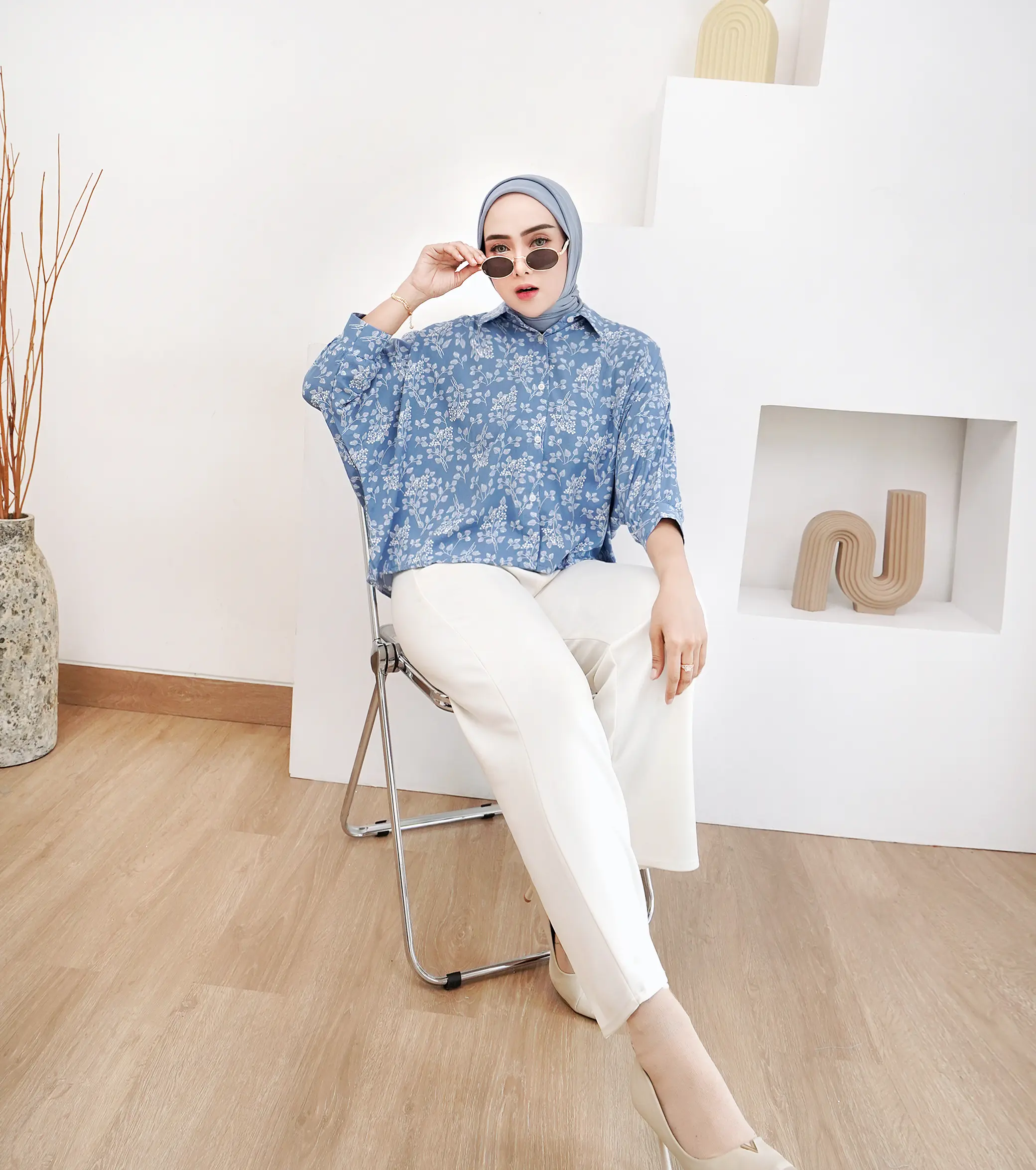 Maerooms Atasan Wanita Blouse Batwing Oversize Motif Bunga Ld 130 Rayon Kemeja