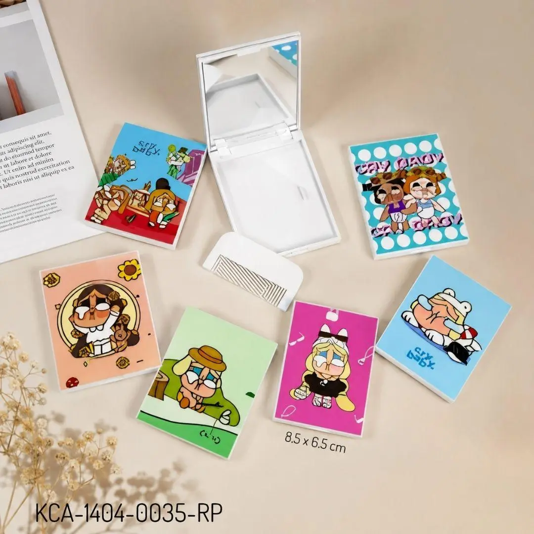 Kaca+ Sisir 2in1 Cermin Saku Mini Aesthetic Karakter Lucu | Cermin Lipat Portable Praktis untuk Makeup & Touch Up