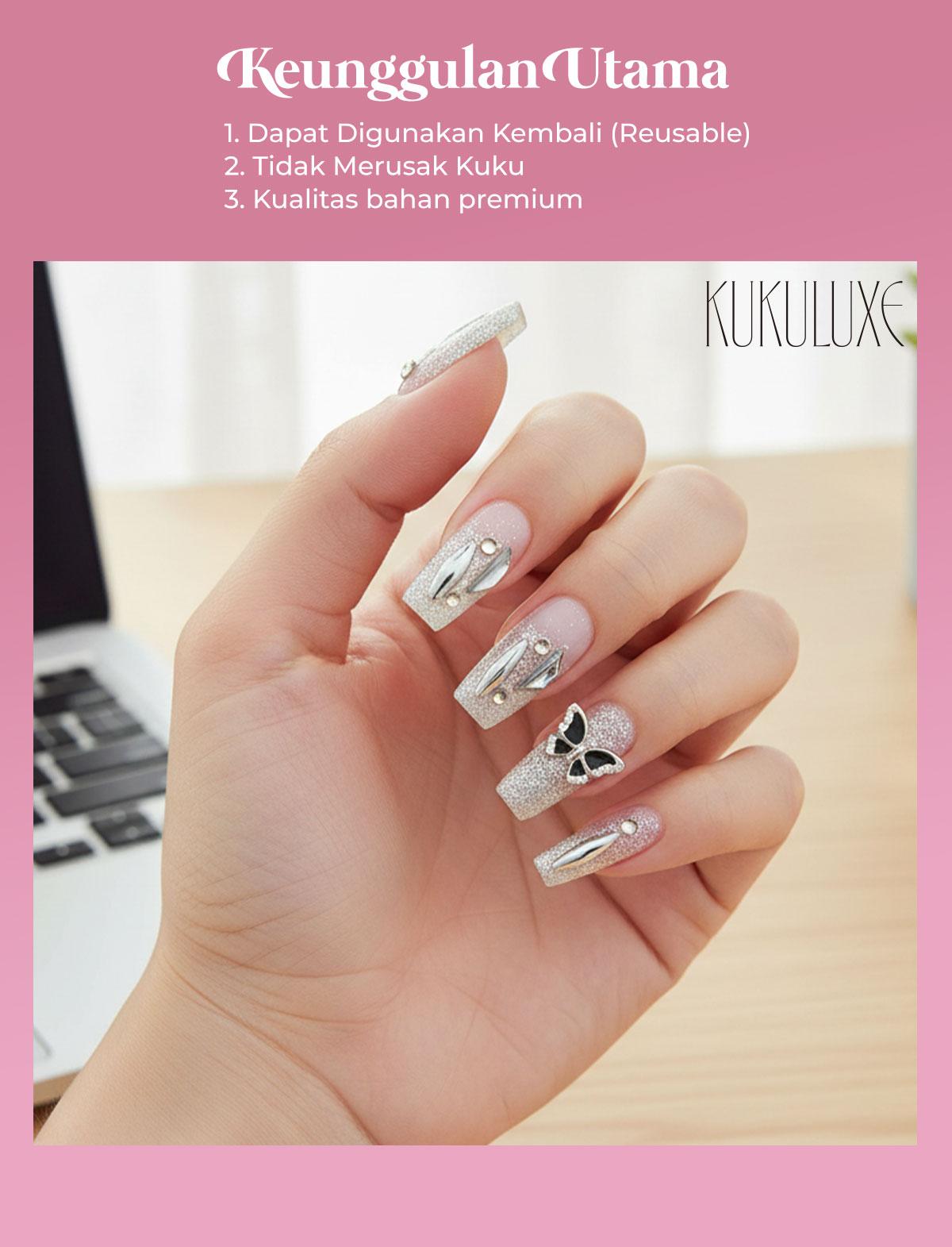 KUKULUXE 3D Nail Art – Press On Nails Premium 4 Varian ( Black Butterfly, Cool Black Mary, Falling Sakura Thoughts, Green Wave Greyhound )