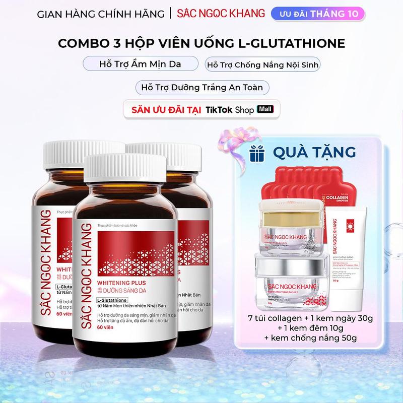 Combo 3 Hộp Viên Uống Hỗ Trợ Dưỡng Sáng Da GLUTATHIONE Whitening Plus SẮC NGỌC KHANG - 60 viên/hộp