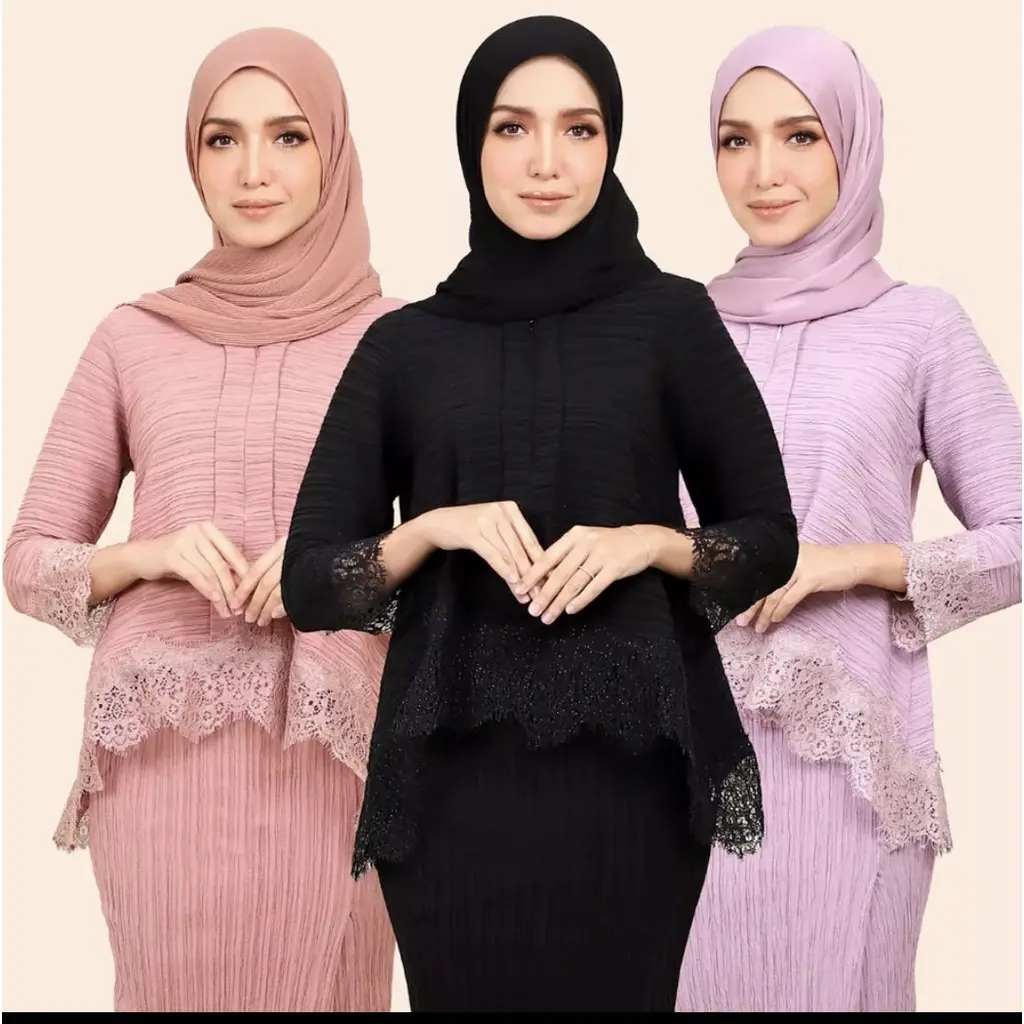 Muslim Baju Kurung lace Baju Raya 2023 plain pleated sets top skirt plus size Muslim shirts women Baju Kurung