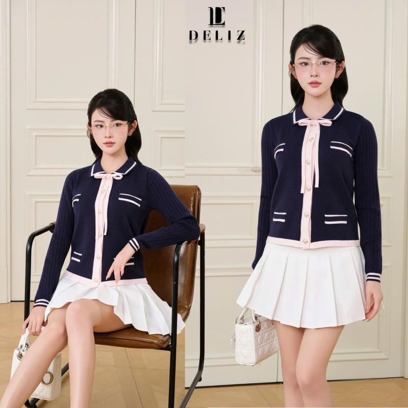DELIZ - Áo cardigan cho nữ chất len lông thỏ dáng dài tay cổ bẻ phối nơ CD852