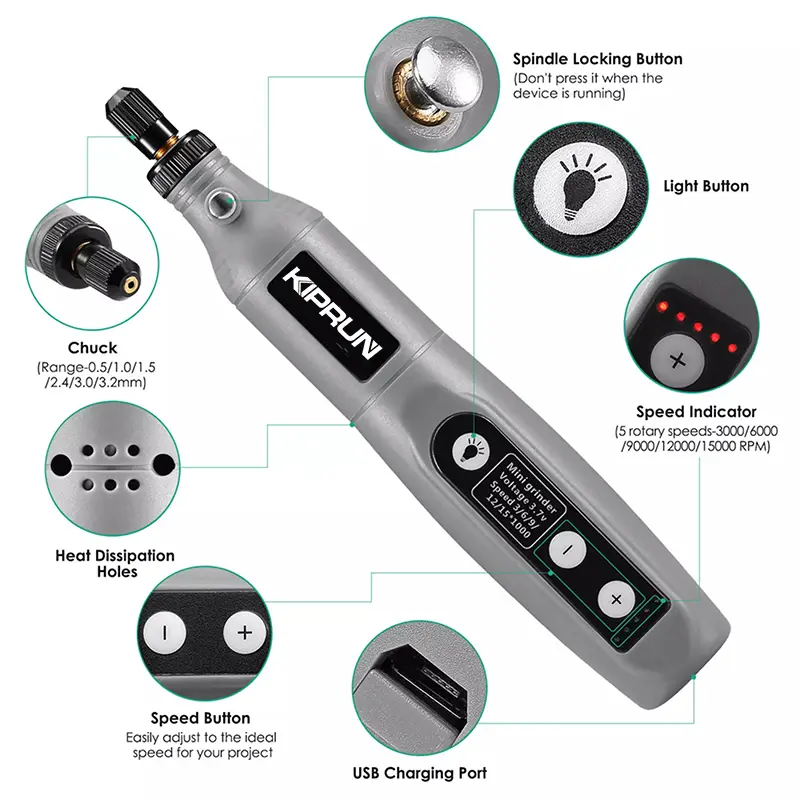 Dụng cụ mài, KIPRUN, Dụng cụ Quay không dây, Máy khoan không dây Điện 3,7V Dụng cụ điện, Bộ mài 15000rpm, Bộ dụng cụ khoan Điện, 5 tốc độ, Sạc USB 2