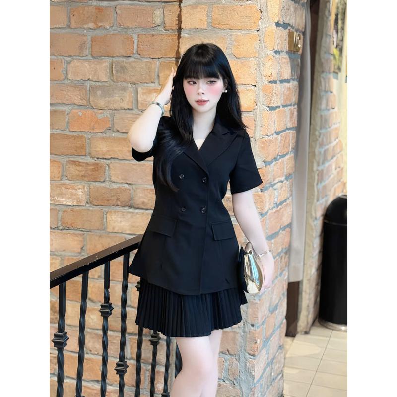 Hoaiphuongshop LÙI 1 SIZE - Form rộng Set đồ nữ hai chi tiết TK02 Vải tuyết mưa cao cấp áo vest cổ V mix chân váy dập ly chuẩn form sang trọng đủ size S M L XL XXL Nhận làm theo yêu cầu