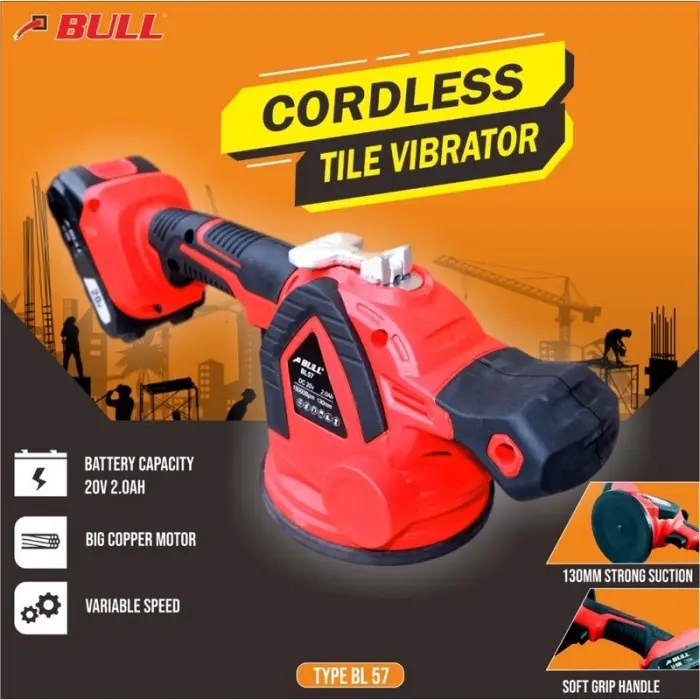 Mesin Perata Keramik Cordless BULL BL-57NEW 21V dengan Alat Pasang Getar dan Kop Keramik