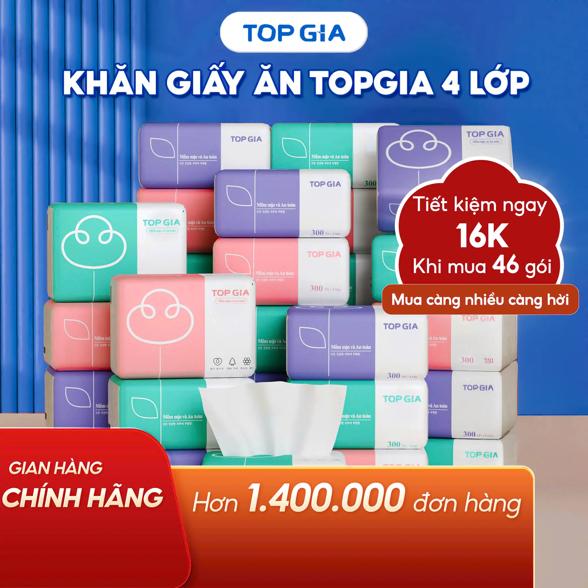 (Tặng 10 gói ) 20 Gói Giấy ăn rút 3 màu mềm mịn, khăn rút 4 Lớp siêu dai mềm mịn, giấy vệ sinh Top Gia, tiện lợi Khăn giấy giấy vệ sinh