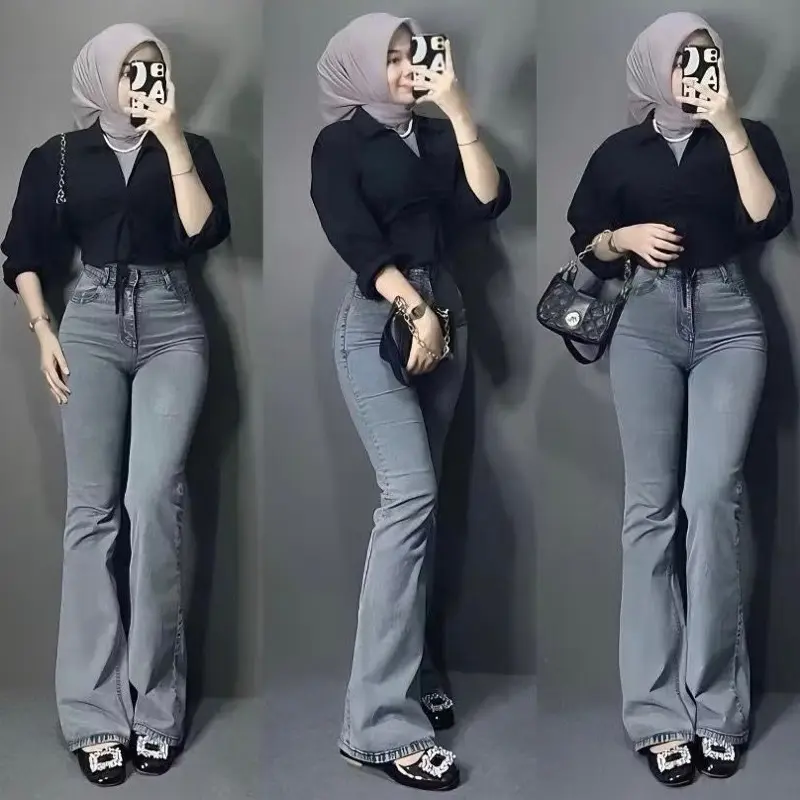 Cutbray Jeans Abu Wanita Celana Highwaist Strecht Korean Style Panjang Cewek Denim Stretch