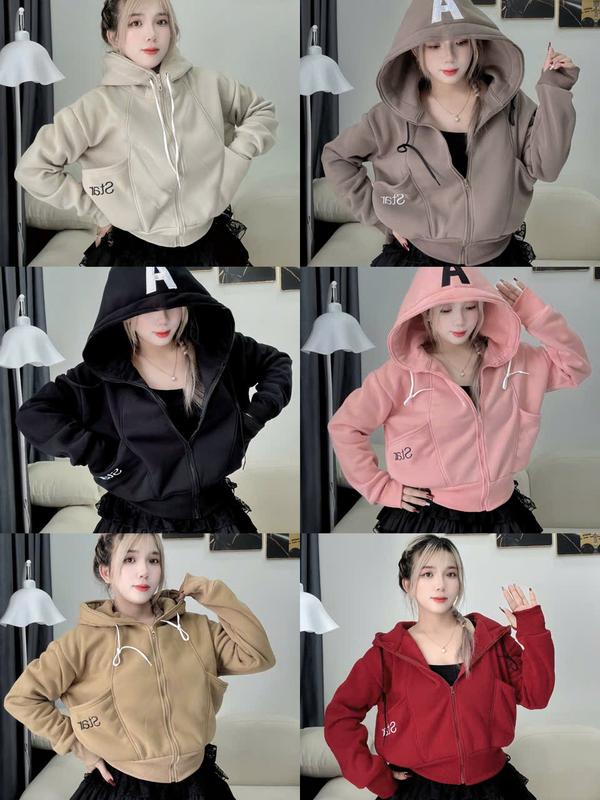 Áo Khoác Nỉ - Áo Khoác Nữ Thêu Chữ A Form Lửng 4 Túi, Nón To, Tay Xỏ Ngón fullsize Dưới 70kg SUSUSHOP Top Hoodie Zíp mã FL61- FL66. Women Có Túi