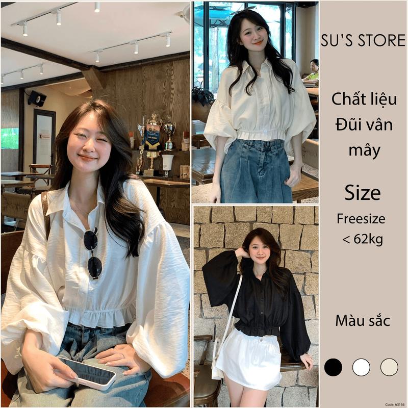 Áo Sơ Mi Dáng Croptop Tay Bồng Chun Dưới A3136 Susstore Thời Trang Nữ