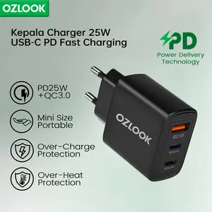 OZLOOK Kepala Charger 25W Fast Charging PD25W QC3.0 Dukungan Pengisian Daya Untuk Android iPhone Type-C USB Adaptor Mini Size Portable dengan Perlindungan Over-Charge & Over-Heat