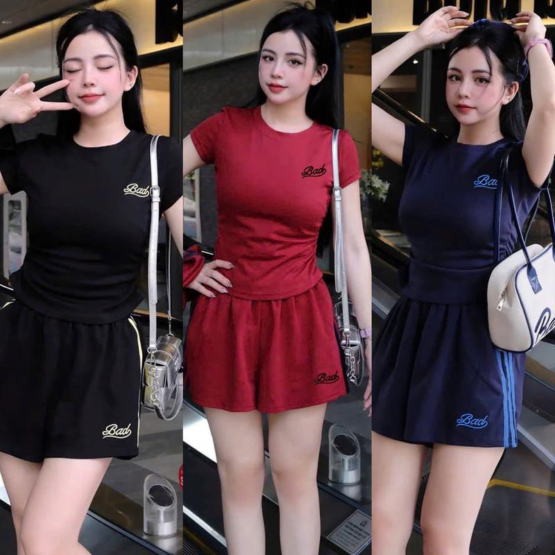 Set đùi nữ Bigsize, ĐỒ BỘ ĐÙI NỮ THỂ THAO THÊU CHỮ BAD - Áo Tay Ngắn Nhún Eo + Quần Đùi Phối Sọc Cá Tính [From 45 - 85 kg] HẰNG MOON