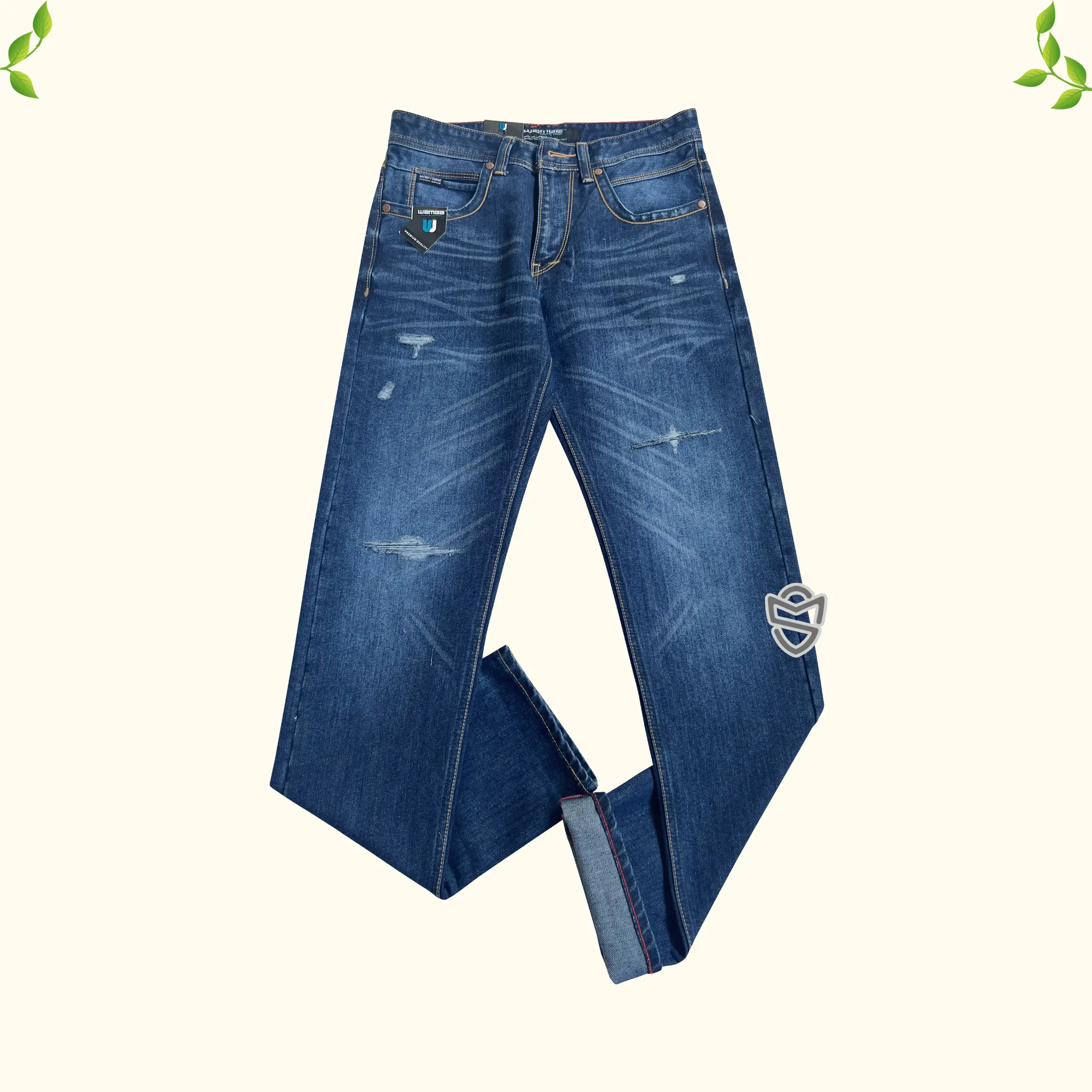WAMBE Celana Jeans Pria Sobek Retro Reguler Fit Denim Hitam