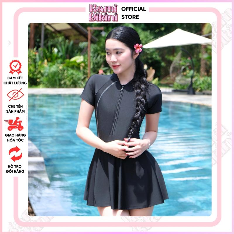 Bikini Đi Biển Nữ Một Mảnh Cộc Tay Dạng Váy Có Khóa Màu Đen, Đồ Bơi 1 Mảnh Che Bụng Hack Dáng Co Giãn Thoải Mái - SW06