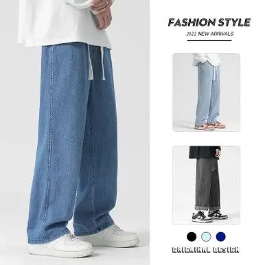 Celana jeans pria jeans pinggang karet Celana kulot pria oversize loose pants jeans serut panjang denim straight