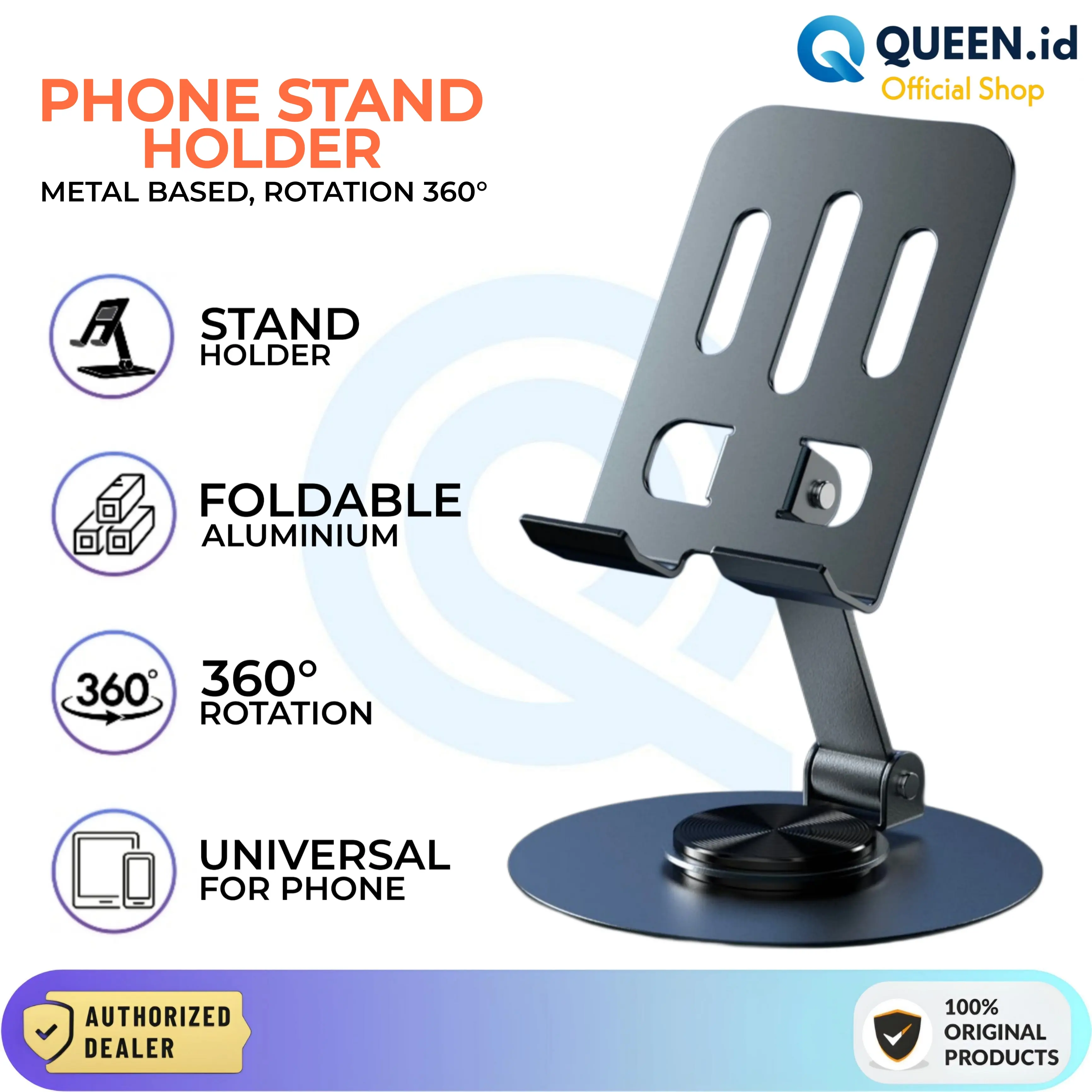 QUEEN Phone Stand 360 Rotation Foldable Metal Holder Rotasi Max 6.9" Slim Ultrathin