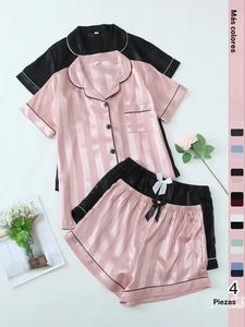 Conjunto de pijama de satín para mujer con rayas jacquard y ribete de contraste, camisa con solapa y botones con bolsillo casual y shorts con decoración de moño, ropa de dormir para damas para todas las estaciones, shorts para mujer