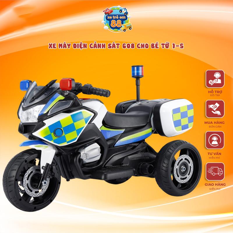Xe máy điện cảnh sát 608 cho bé từ 1-5 tuổi kèm sạc điện nhạc còi đèn chịu tải 30kg