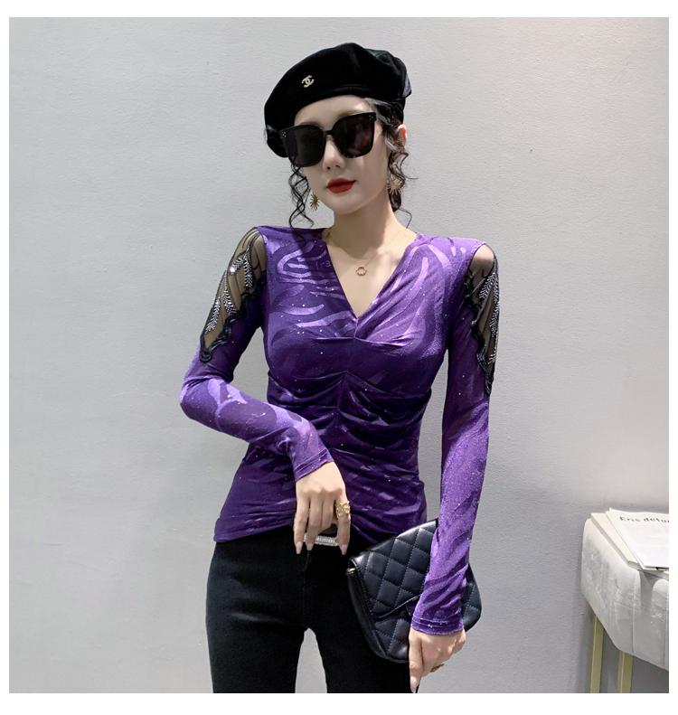 Product Introduction of FCBF-Áo lưới kim cương rỗng thời trang mới gợi cảm cổ chữ V dài tay quần lót thời trang nữ thu đông Top Voi Shirt Kem Women 12