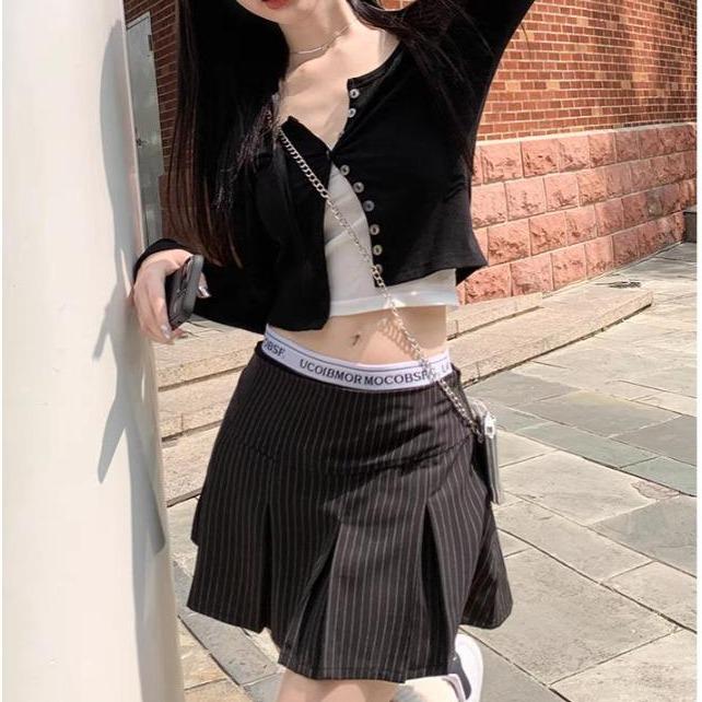 Rok lipit retro Amerika Rok garis-garis wanita ala Korea Pendek Casual Shakila Baju Dewasa Panjang Hitam Katun 7