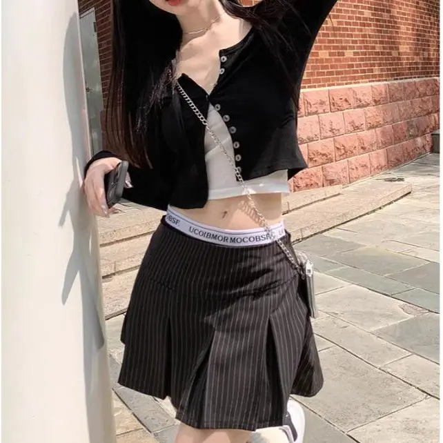 Rok lipit retro Amerika Rok garis-garis wanita ala Korea Pendek Casual Shakila Baju Dewasa Panjang Hitam Katun 6
