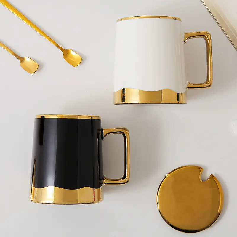 ASHOME Gelas Minum Set Keramik List Gold Dengan Tutup Gelas Emas & Sendok Gold / Ceramic Mug Set With Cup Lid Gold Elegant / Gelas Keramik Mewah / Gelas Minum Keramik / Gelas Gold / Gelas Set Keramik Mewah Elegan 5