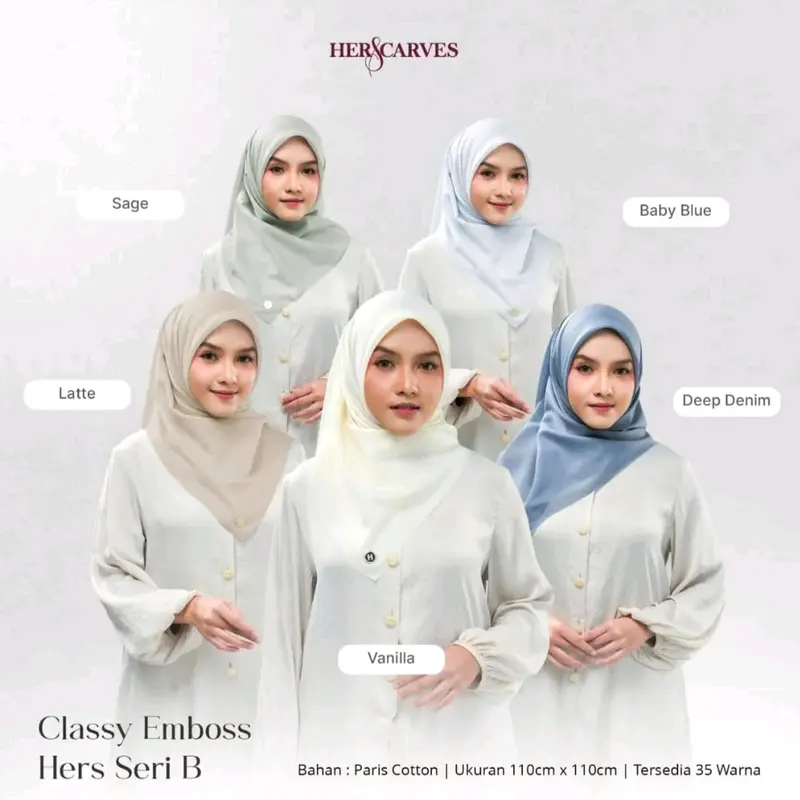 ISI 1 BOX EMBOS HERSSCARVES  MONOGRAM EMBOS BAHAN  LEMBUT GAMPANG DI ATUR HIJAB ELEGAN SUDAH PAKAI PACKING BOX PREMIUM LOGO METAL PREMIUM TIDAK KARATAN toleransi ke 115cm Kerudung Empat Square Muslim 5