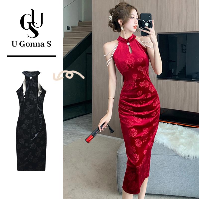 Váy sườn xám dài Cho Phụ Nữ Phụ Nữ Với Đỏ ngọc trai Không Tay cổ áo Trung Quốc eo cao Thời Trang Thanh Lịch Bodycon 2025 Mới tiệc tối Buổi Tối Giản Dị cỡ lỡn