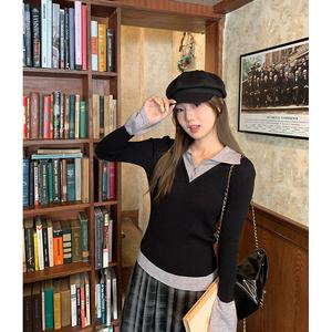 Áo Len Dệt Kim Hai Mảnh Thiết Kế Colorblock Mới Cho Nữ, Bộ Sưu Tập Mùa Xuân, Cổ Polo Lớp Bên Trong, Dài Tay Loe, Áo Thường Ngày Z8714 #