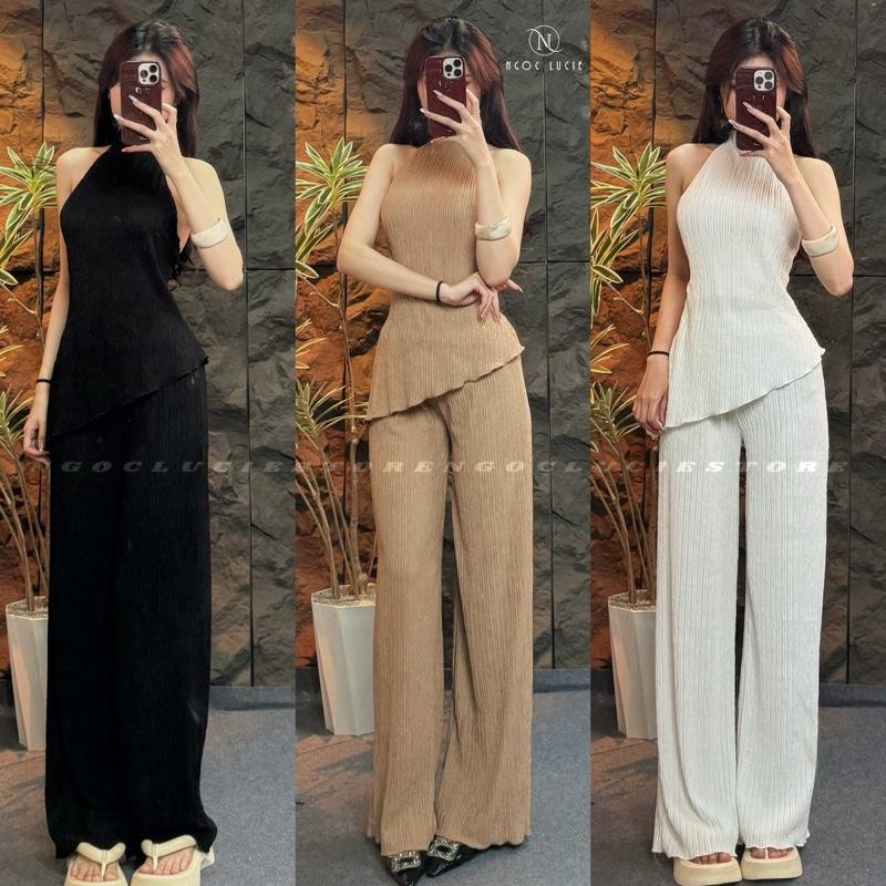  H14 - Set Bộ Áo Cổ Yếm Lệch Tà + Quần Suông Lưng Chun Vải Xốp Phong Cách Sang Trọng Tối Giản - Ngọc Lucie 