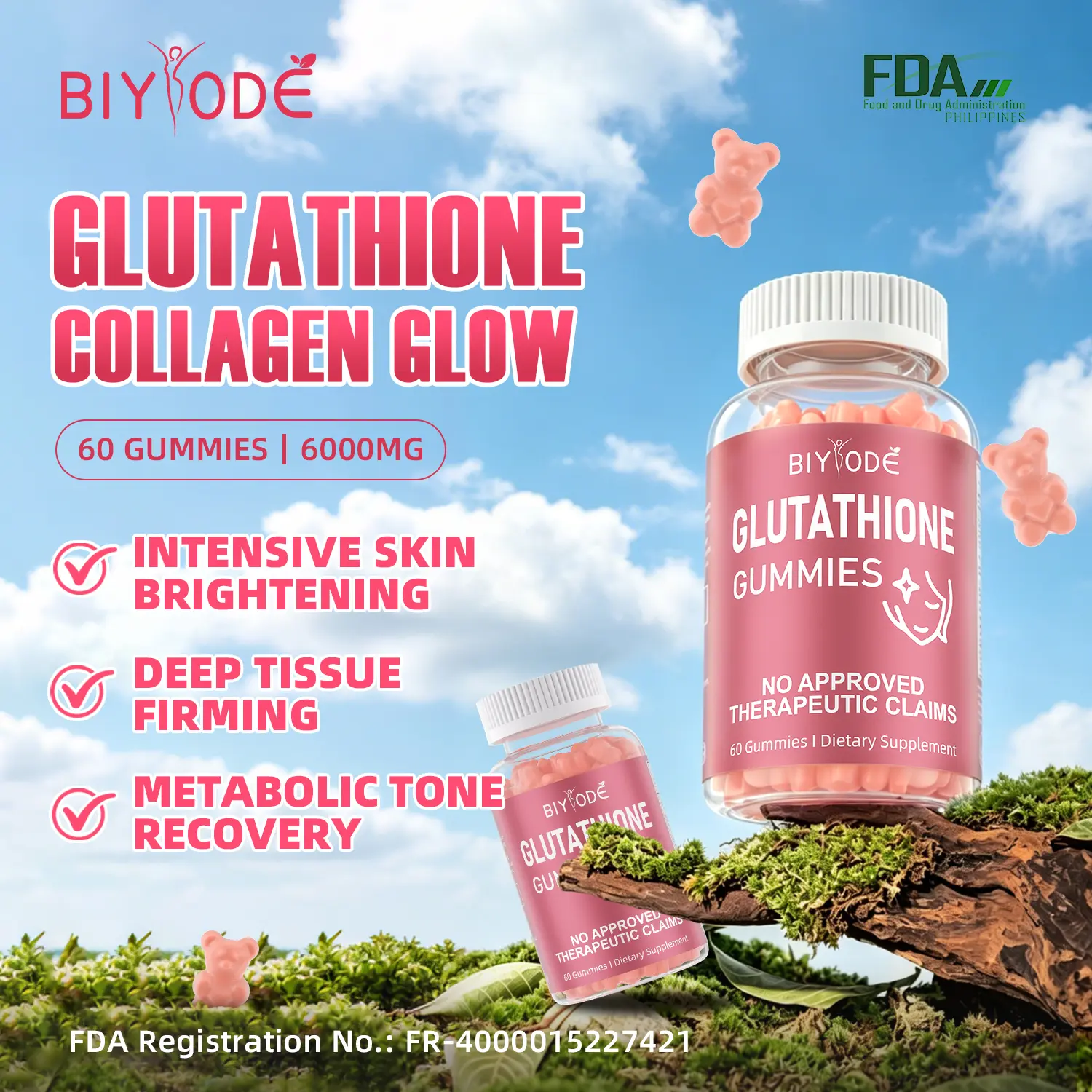 FDA certification】BIYODE Glutathione Glow Gummies 6000mg With Collagen Vitamins 60PCS FDA certification】BIYODE Glutathione Glow Gummies 6000mg With Collagen Vitamins 60PCS
