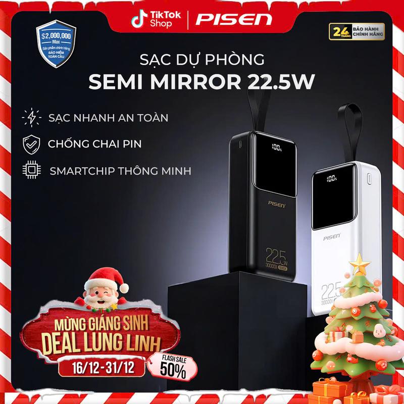  Sạc dự phòng PISEN QUICK - Semi Mirror Sạc Nhanh 22.5W Dung Lượng Khủng 30000mAh Đen  Trắng  TP-D040 | 4 Cổng Sạc Thông Minh Kèm dây Đeo Tiện Lợi | Phù Hợp Điện Thoại Android IOS | Bảo Hành 24 Tháng | Bảo Hiểm 2 Triệu Đô Toàn Cầu 