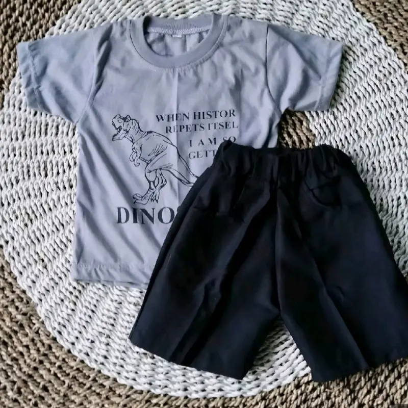 stelan anak kaos dino saurus Lengan pendek Fashion Motif 3