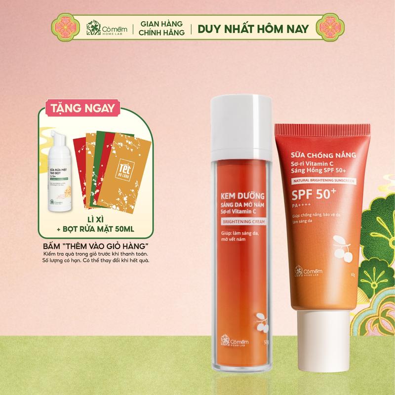 Combo Skincare Dưỡng Da Kem Chống Nắng Và Kem Dưỡng Vitamin C Chiết xuất Sơ-ri Giúp Mờ Nám Sáng Da Cỏ Mềm