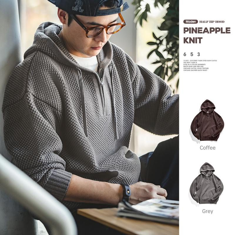 MADEN Áo Len Dệt Kim Thường Ngày Thương Hiệu Thời Trang, Áo Hoodie Nam, PThiết Kế Khóa Kéo Nửa, Áo Chui Đầu, Áo Nỉ Có Mũ Trùm Đầu Ấm Áp, Hàng Đầu