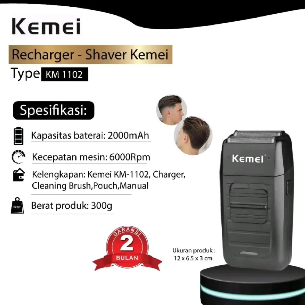 Kemei Alat Cukur Kumis Dan Jenggot Botak Recharger Shaver Kemei KM 1102 dengan Kapasitas Baterai 2000mAh dan Kecepatan Mesin 6000Rpm