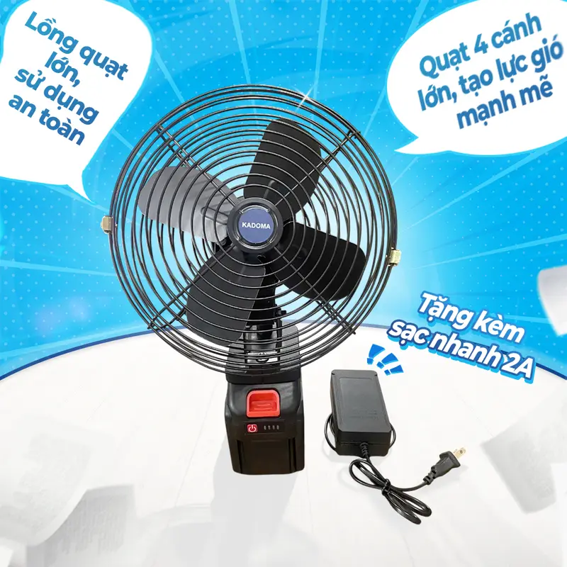 Quạt Tích Điện KADOMA 2 Cấp Độ Gió Kèm Pin 20 Cell Dùng Liên Tục 13H, Quạt Pin Makita Chân Pin Phổ Thông Để Bàn Gió Siêu Mát Tặng Sạc  tích  điện  cỡ   động quạt  sạc  tích  điện  hằng  du  mục 4