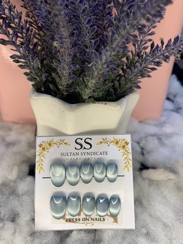 Press On Nails Hande Made SultanSyndicate Model Kuku Full Cat Eye Kuku Palsu Short Oval Free Lem Tempel Dan Kikir