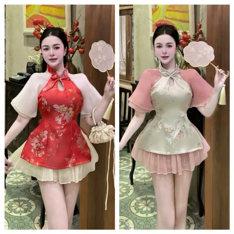    đủ size 60kg-100kg   sét áo cổ tàu chất gấm mix  kèm chân váy xòe 3 lớp cho nữ 