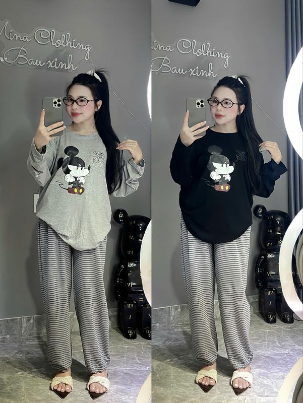    Mina Clothing   Bộ bầu dài tay chất cotton lạnh BHT1 in mickey có đáp bụng chun chỉnh co dãn mẹ bầu mặc ở nhà đi chơi Đồ bầu Đồ bộ bầu Ở cữ Women Bigsize Nữ 