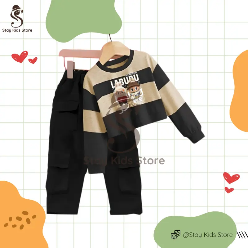 Baju Labubu Anak Perempuan 3-12 Tahun Viral 2025, Celana Motif Kargo, Bahan BabyTerry, Nyaman dan Gaya untuk Aktivitas Sehari-hari | Stelan baju anak viral | Pakaian anak lucu motif bergaris kekinian | Fashion anak trendy | Otfit labubu celana cargo modis