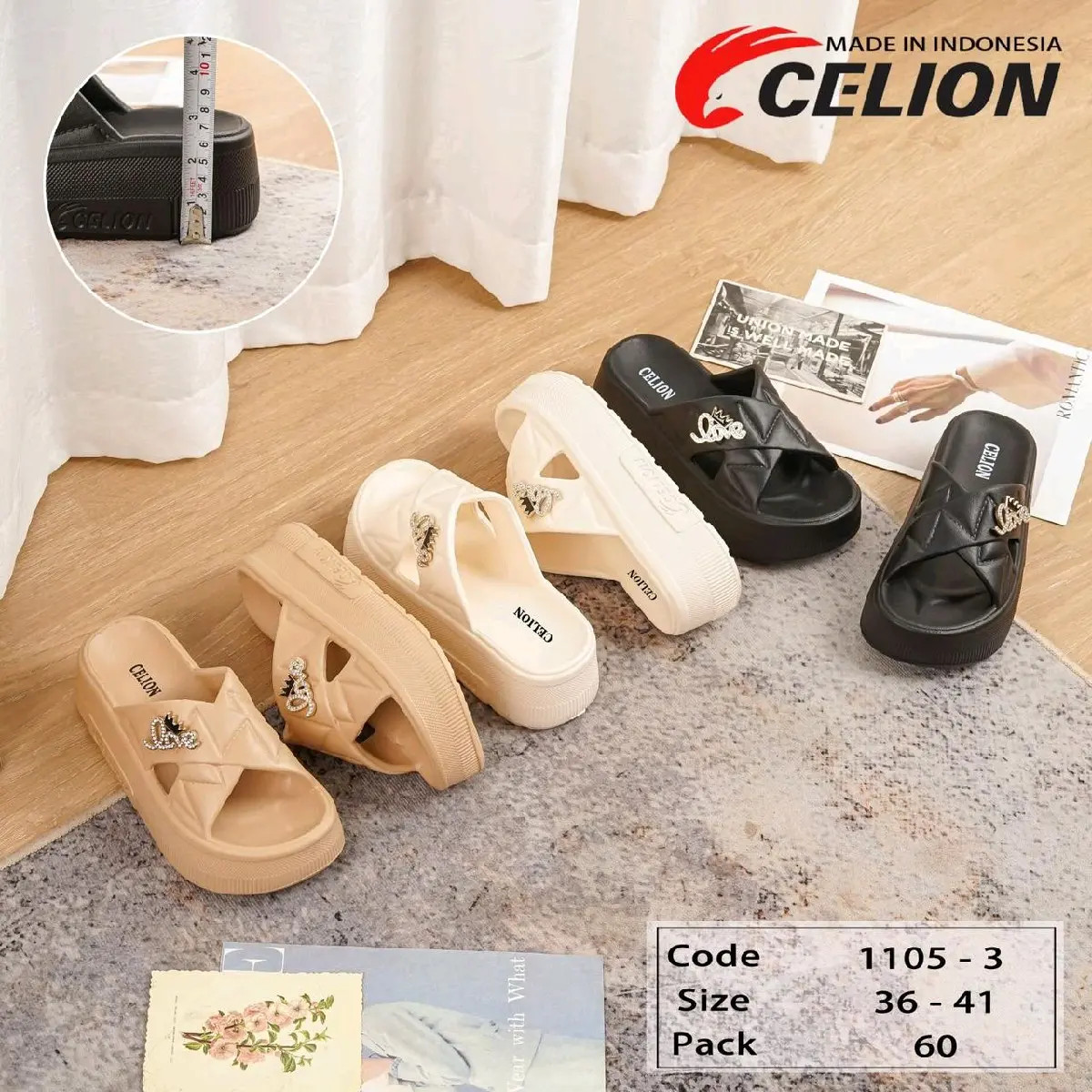 CELION Sandal Wanita CELION Silang LOVE Eva Rubber 5 Cm Pilih Lokal 1105-3 - Karet, Sendal, Cewek