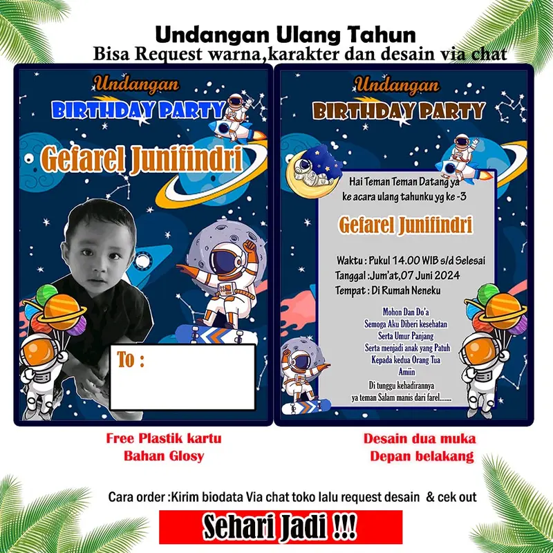 kartu undangan ultah isi 50-100 pcs + Desain foto anak ( Bahan kertas glosy) undangan ulang tahun anak/kartu ultah custom/kartu ultah karakter/undangan ultah (Desain request via chat) 1